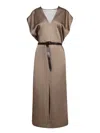 Brunello Cucinelli Taupe Satin Belted Midi Dress In Brown