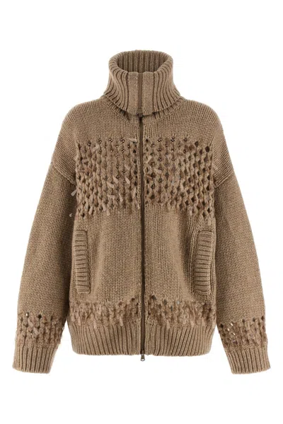 Brunello Cucinelli Textured Knit High Collar Cardigan In Brown