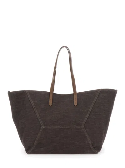 Brunello Cucinelli Duo Brown Shoulder Bag With Two Flat Handles And Concealed Magnetic Closure In Cotton Woman