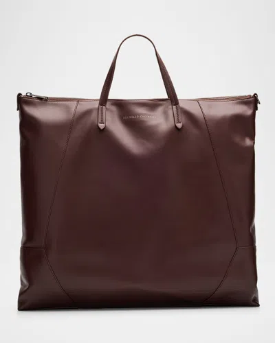 Brunello Cucinelli Duo Large Leather Shopper Tote Bag In Burgundy