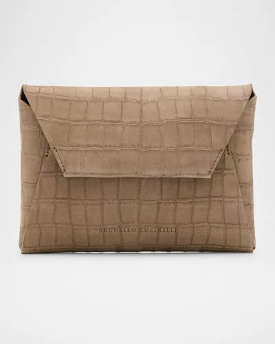 Brunello Cucinelli Duo Mini Croc-embossed Suede Pouchette Clutch Bag