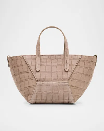 Brunello Cucinelli Duo Mini Croc-embossed Suede Shopper Tote Bag
