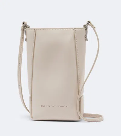 Brunello Cucinelli Duo Mini Monili Leather Phone Pouch In Sand