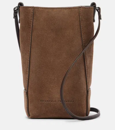 Brunello Cucinelli Duo Mini Monili Suede Phone Pouch In Brown