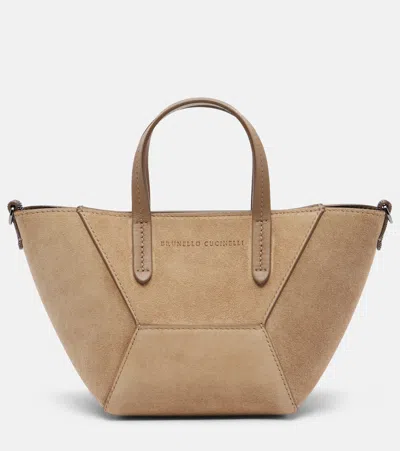Brunello Cucinelli Duo Mini Monili Suede Top-handle Bag In Brown
