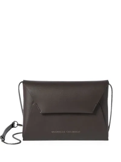 Brunello Cucinelli Duo Pochette In Calfskin With Precious Chain In Brown