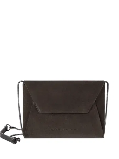 Brunello Cucinelli Duo Pochette In Suede With Precious Chain In Brown