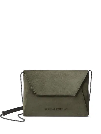 Brunello Cucinelli Duo Pochette In Suede With Precious Chain In Grün
