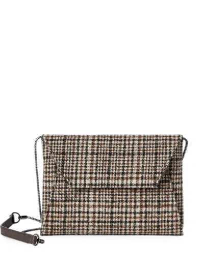 Brunello Cucinelli Duo Pochette In Water-resistant Alpaca And Wool Check With Precious Chain In Neutral