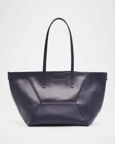 Brunello Cucinelli Duo Small Leather Shopper Tote Bag In Black