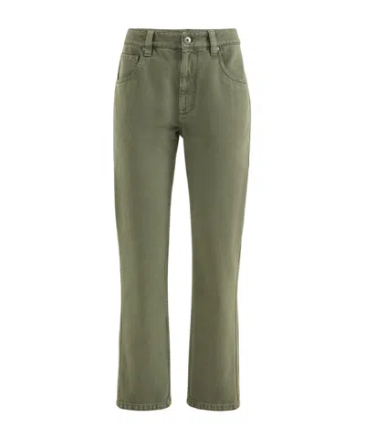 Brunello Cucinelli Dyed Denim Five-pocket Straight Trousers With Shiny Bartack In Green