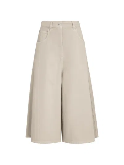 Brunello Cucinelli Dyed Denim Wide Cropped Trousers With Monili In Multi