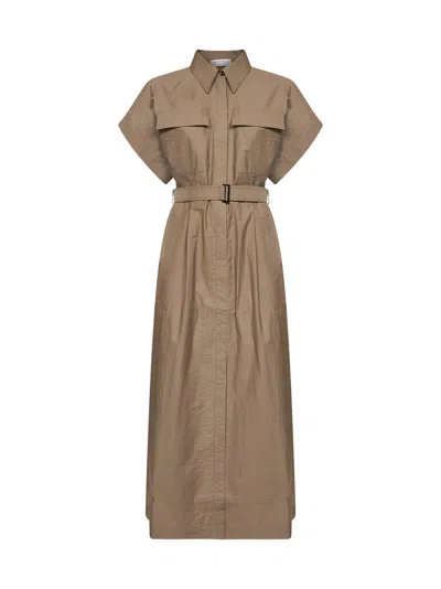 Brunello Cucinelli Earth Brown Texture Twill Belted Long Shirt Dress