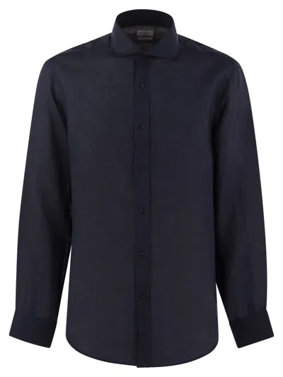Brunello Cucinelli Easy Fit Linen Shirt With French Collar In Navy