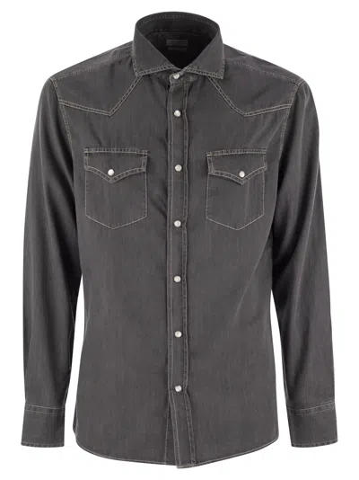 BRUNELLO CUCINELLI BRUNELLO CUCINELLI EASY FIT SHIRT IN LIGHT DENIM WITH PRESS STUDS