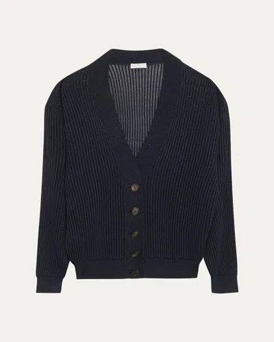 Brunello Cucinelli Echo Metallic Open Knit V-neck Cardigan In Blue
