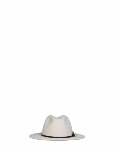 Brunello Cucinelli Ecru Felt Fedora Hat With Leather Band And Monili In Grey