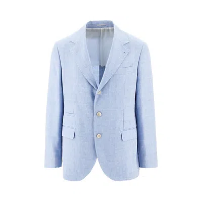 Brunello Cucinelli Élange Chevron Twill Single-breasted Jacket In Blue