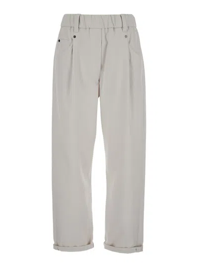 BRUNELLO CUCINELLI WHITE PANTS WITH ELASTIC WAISTBAND AND CUFFS IN STRETCH COTTON WOMAN