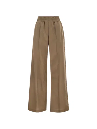 Brunello Cucinelli Women Wide-leg Trousers In Cotton And Nylon Poplin With Elasticated Waistband In Brown