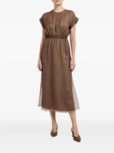 Brunello Cucinelli Elasticated-waistband Midi Dress In Brown