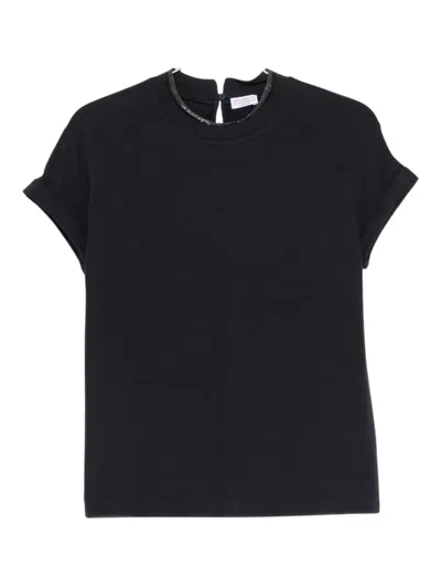 Brunello Cucinelli Elegant Cotton T-shirt With Decorative Detailing And Roll-up Sleeves In Black
