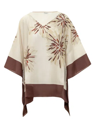 Brunello Cucinelli Elegant Floral Print Blouse In Beige