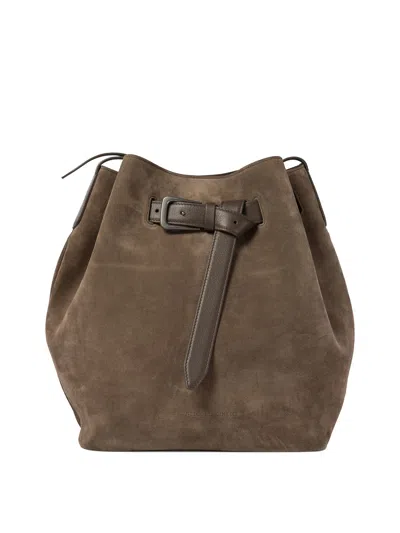 Brunello Cucinelli Elegant Mini Buckle Bucket Handbag In Brown Leather