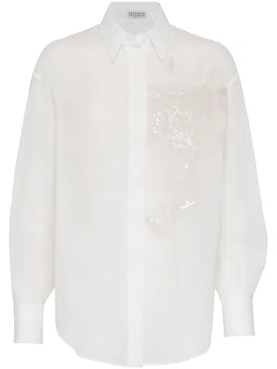 Brunello Cucinelli Elegant White Cotton Knit Shirt With Dazzling Magnolia Embroidery For Women