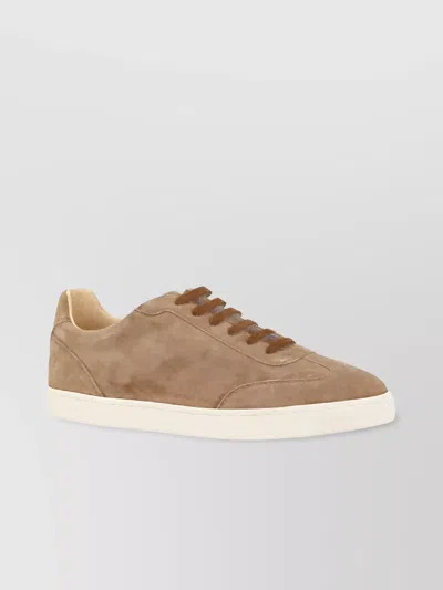 Brunello Cucinelli Elongated Toe Leather Sneakers With Dynamic Sole In Marrone Chiaro