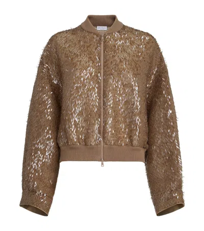 Brunello Cucinelli Embellished Bomber Jacket In Brown