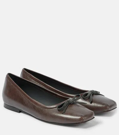 Brunello Cucinelli Embellished Bow-detail Leather Ballet Flats In Brown