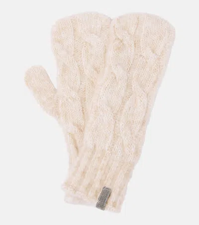 Brunello Cucinelli Embellished Cable-knit Wool Gloves In Beige
