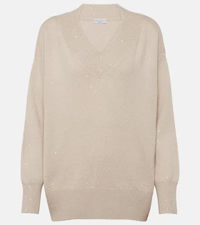 Brunello Cucinelli Embellished Cashmere And Silk Sweater In Beige