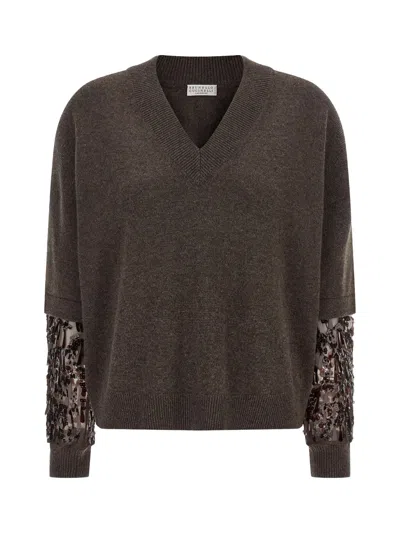 BRUNELLO CUCINELLI BRUNELLO CUCINELLI EMBELLISHED CASHMERE SWEATER BROWN