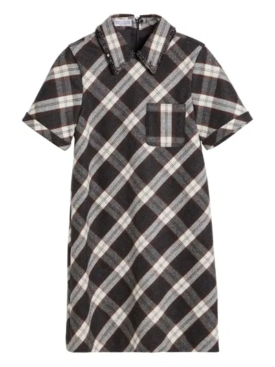 Brunello Cucinelli 缀饰格纹连衣裙 In Brown