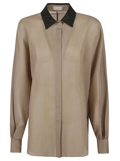 Brunello Cucinelli Embellished Collar Concealed Fastened Shirt In Brown