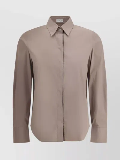 Brunello Cucinelli Embellished Collar Shirt With Adjustable Cuffs In Brown