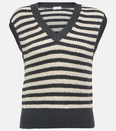 Brunello Cucinelli Embellished Cotton Knit Vest In Etere+avena
