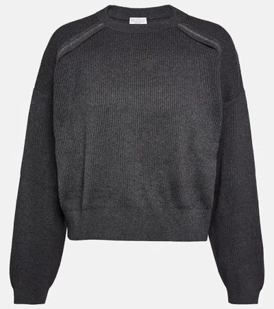 Brunello Cucinelli Embellished Cotton Sweater In Lignite