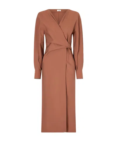 Brunello Cucinelli Embellished Cotton-blend Midi Wrap Dress In Brown