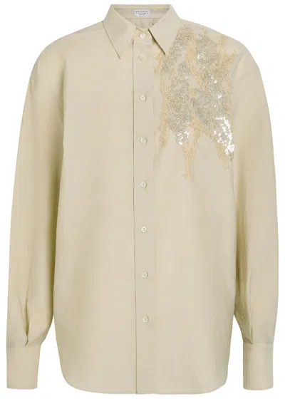Brunello Cucinelli Shirt With Floral Embroidery And Sequins In Neutral