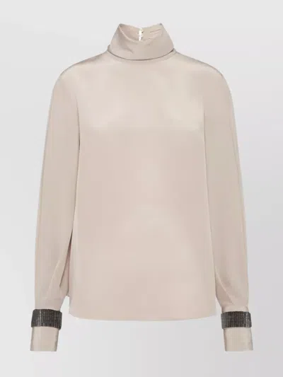 BRUNELLO CUCINELLI EMBELLISHED CUFFS HIGH NECK BLOUSE