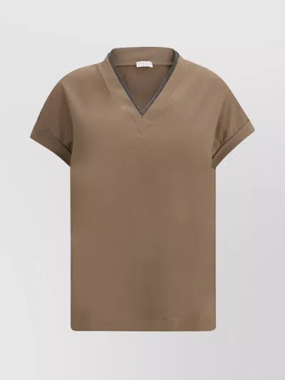 Brunello Cucinelli Embellished Jewel Detail V-neck T-shirt In Brown