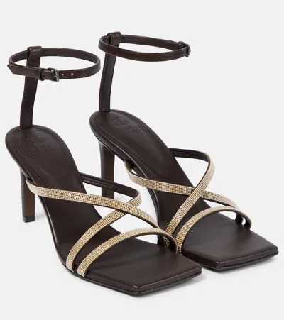Brunello Cucinelli Embellished Leather Sandals In Dark Brown