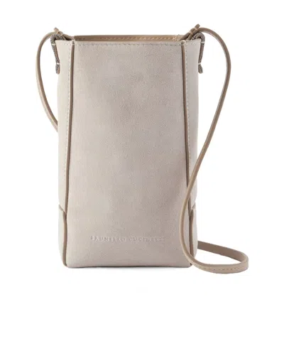 Brunello Cucinelli Embellished Leather-trimmed Suede Pouch In Neutral