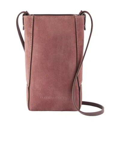 Brunello Cucinelli Embellished Leather-trimmed Suede Pouch In Burgundy