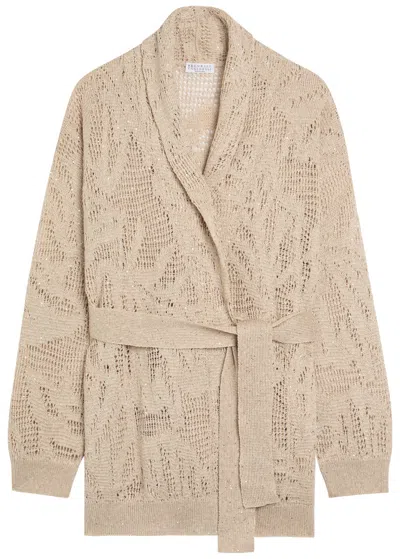 Brunello Cucinelli Embellished Linen-blend Cardigan In White