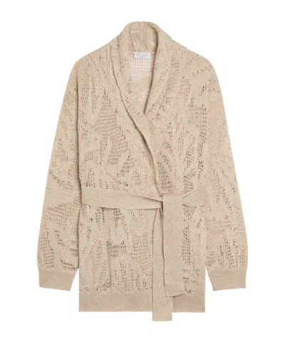 Brunello Cucinelli Embellished Linen-blend Cardigan In Nude