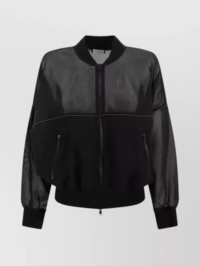 Brunello Cucinelli Embellished Monili Bomber Jacket With Sheer Panels In Black